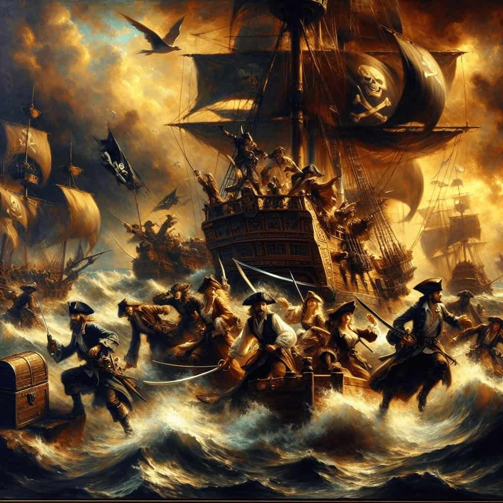 Raging pirate ship battle scene with crew fighting on rough seas, dramatic skies, and iconic skull and crossbones flag, capturing the adventurous and perilous spirit of piracy.