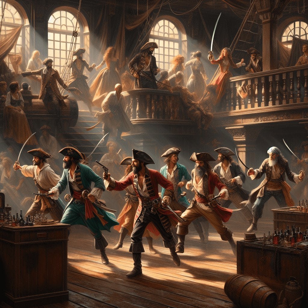 Vibrant pirate battle scene inside an 18th-century wooden ship's grand hall with pirates engaged in sword fights and lively dancing, capturing the adventurous spirit of Buccaneer Blog.