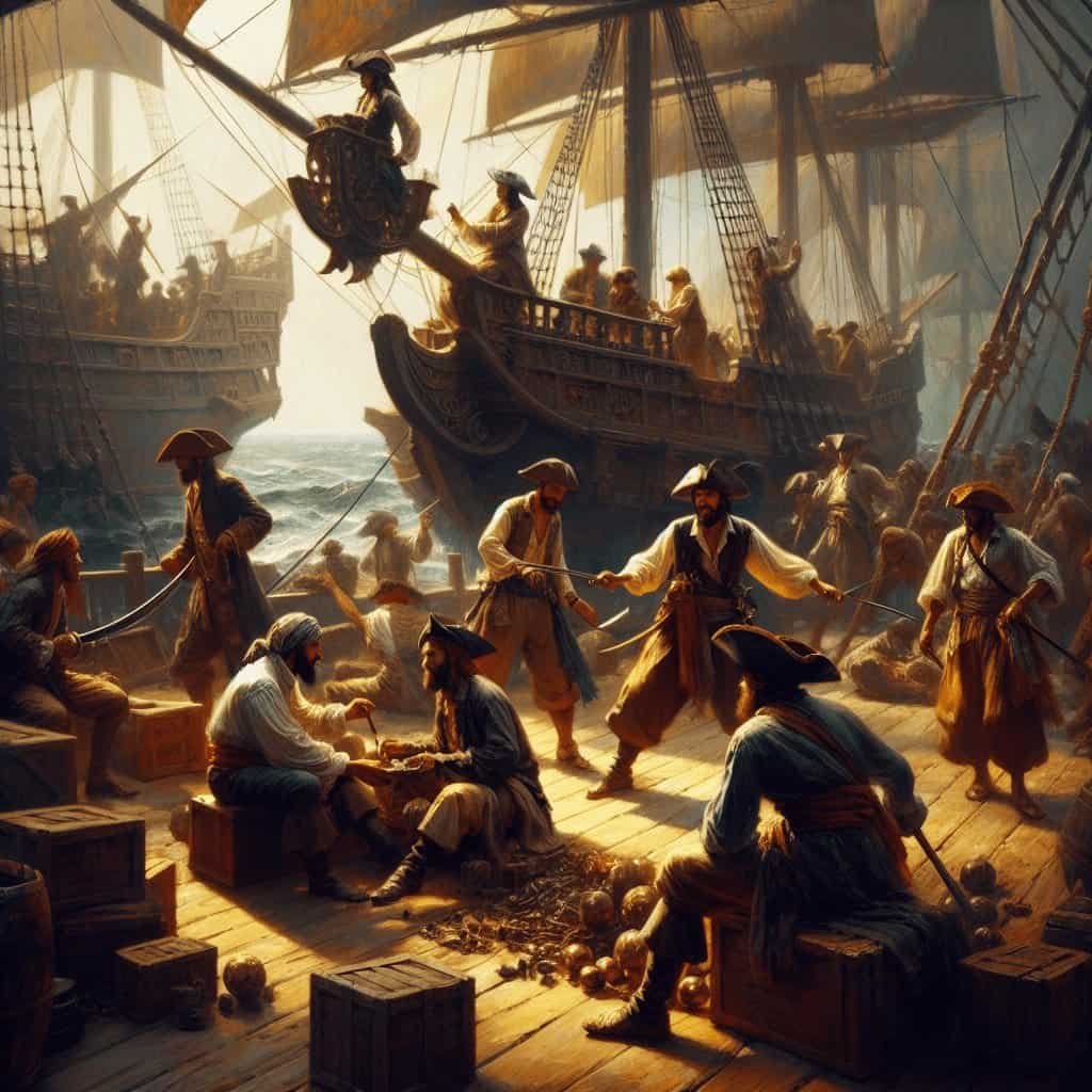 Pirates and ships engaging in a historical sea battle, wooden sailing vessels with billowing sails, intense maritime conflict scene, realistic and detailed maritime warfare illustration, high-seas adventure, naval combat, vintage maritime art, Buccaneer Blog, historical pirate ships, ocean piracy imagery, seafaring combat scene.