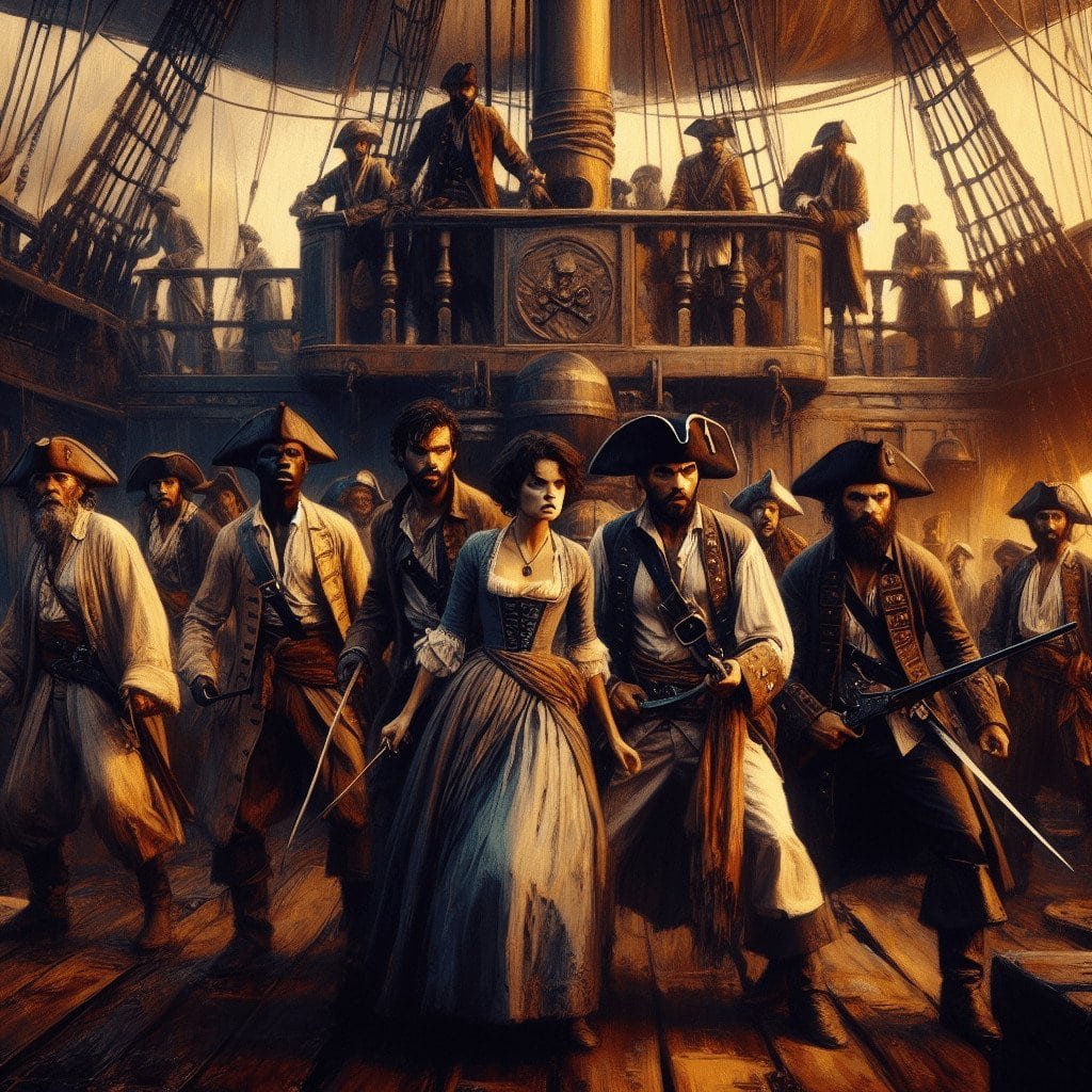 A historical pirate ship scene featuring pirates and a woman on the deck with the ship's crew and rigging in the background.