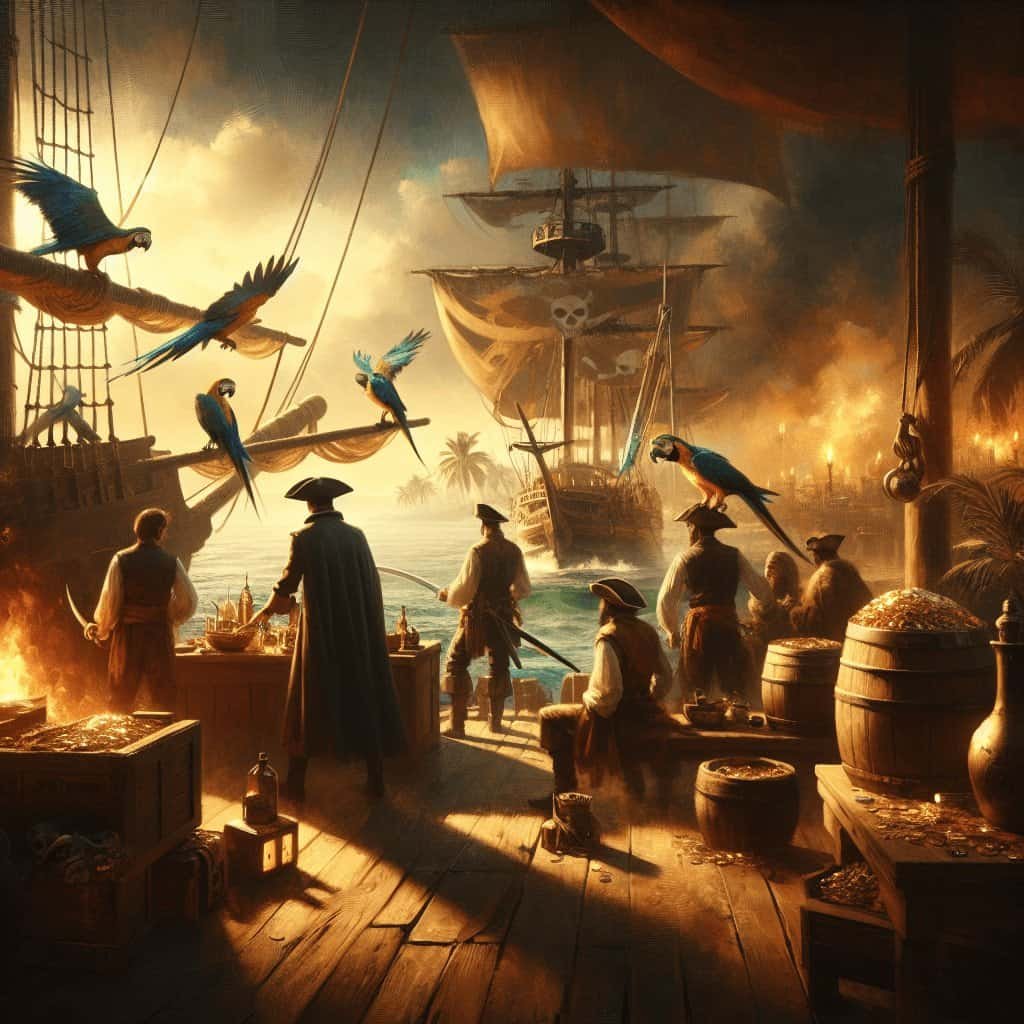 Colorful parrots flying around pirate crew on ship deck with treasure chests and barrels, during sunset with burning harbor in background - lively pirate scene.