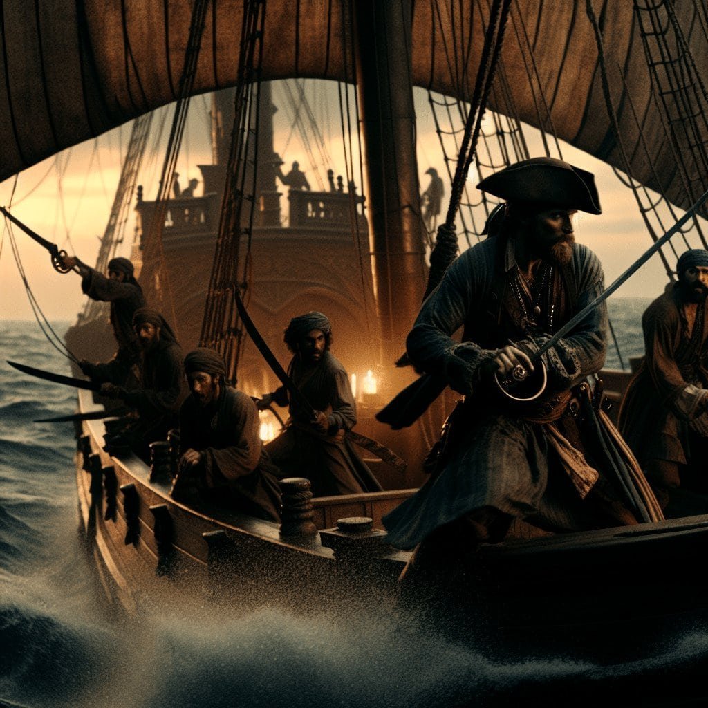 A fierce pirate crew aboard a classic wooden sailing ship battling during sunset, featuring detailed rigging, swords, and historic maritime attire for an adventurous, cinematic pirate scene.