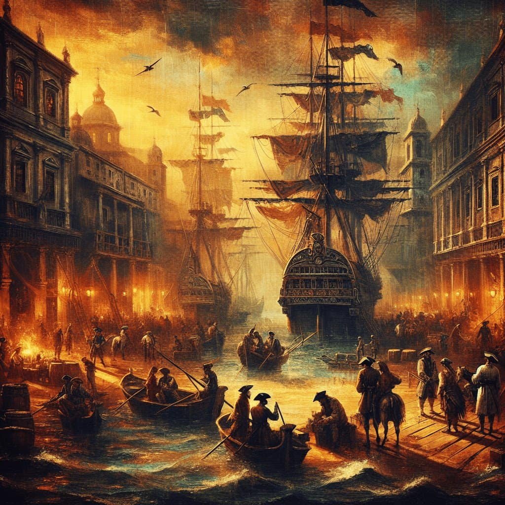 Ancient ships docked in a bustling port city with historic buildings and vibrant atmosphere, capturing maritime trade during the age of exploration.