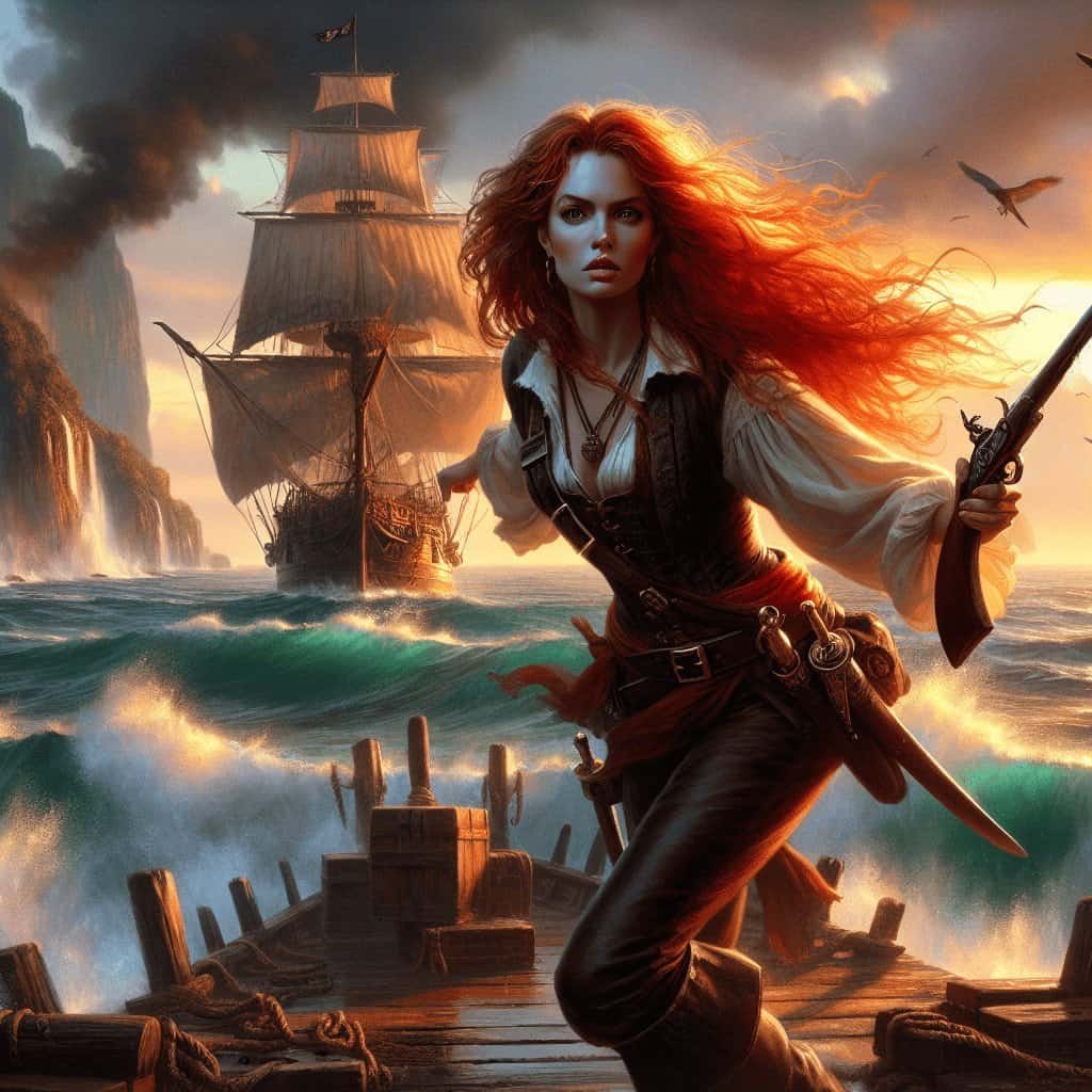 A fierce female pirate with red hair wielding a pistol on a pirate ship during sunset, with a sailing ship and ocean waves in the background, symbolizing adventure and maritime piracy.