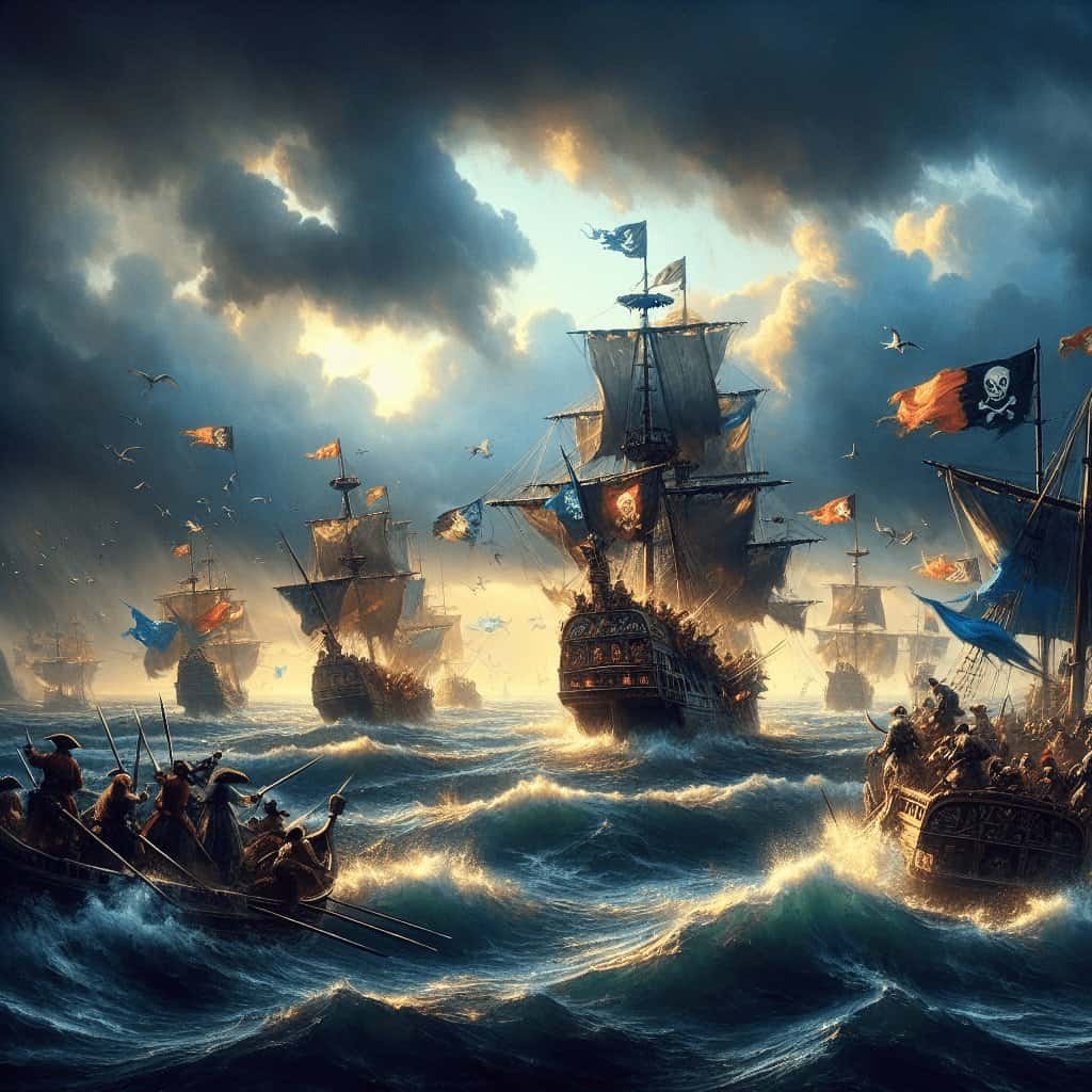 Vast fleet of pirate ships sailing through stormy ocean waves during a battle with dark clouds overhead, featuring flags with skulls and crossbones, evoking classic maritime adventure and piracy themes.