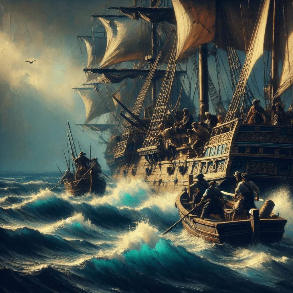 Raging sea battle scene featuring pirate ships and sailors fighting during a storm at sea, depicting a historical maritime adventure with turbulent waters and classic sailing ships.