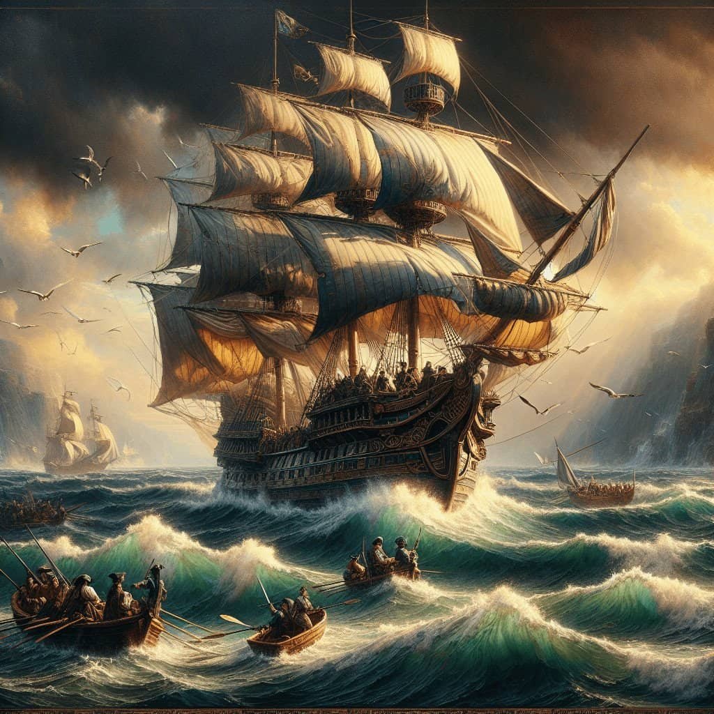 Viking ships battling fierce ocean waves with sailors fighting and seagulls flying, capturing a historic maritime adventure scene.