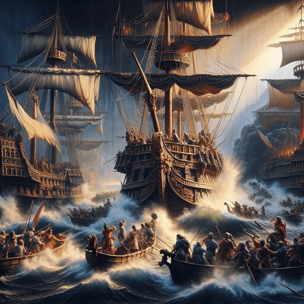 Giant historic ships engaged in a fierce naval battle with sailors fighting on smaller boats amidst turbulent waters and billowing sails. The scene captures a dramatic maritime conflict, emphasizing pirate ships and seafaring adventure.