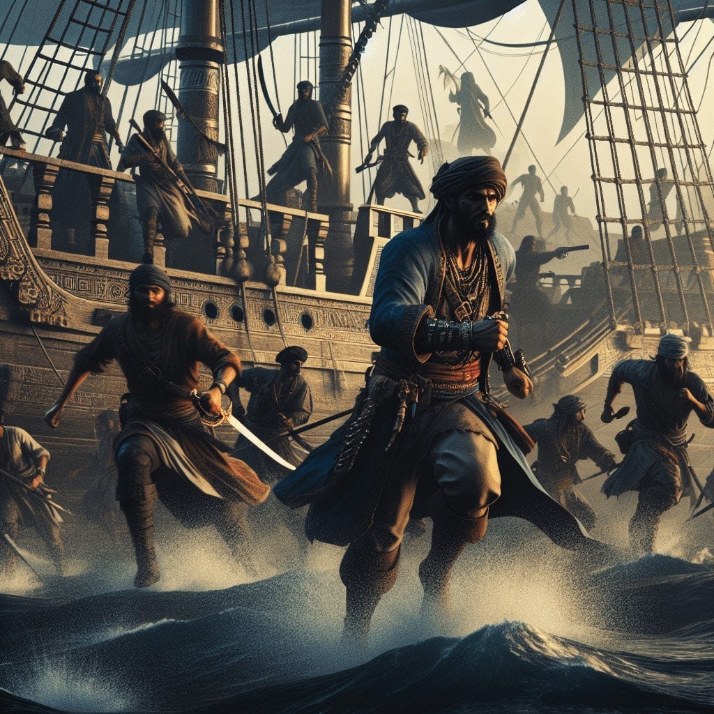A fierce group of pirates aboard a historic sailing ship, ready for battle on the high seas, capturing the adventurous spirit of classic pirate tales and maritime exploration.