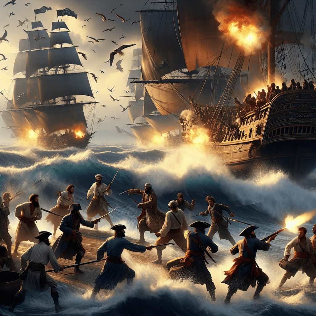 Abandon ship scene with pirates attacking ships during a fierce sea battle, featuring large sailing ships, turbulent waters, and intense combat.