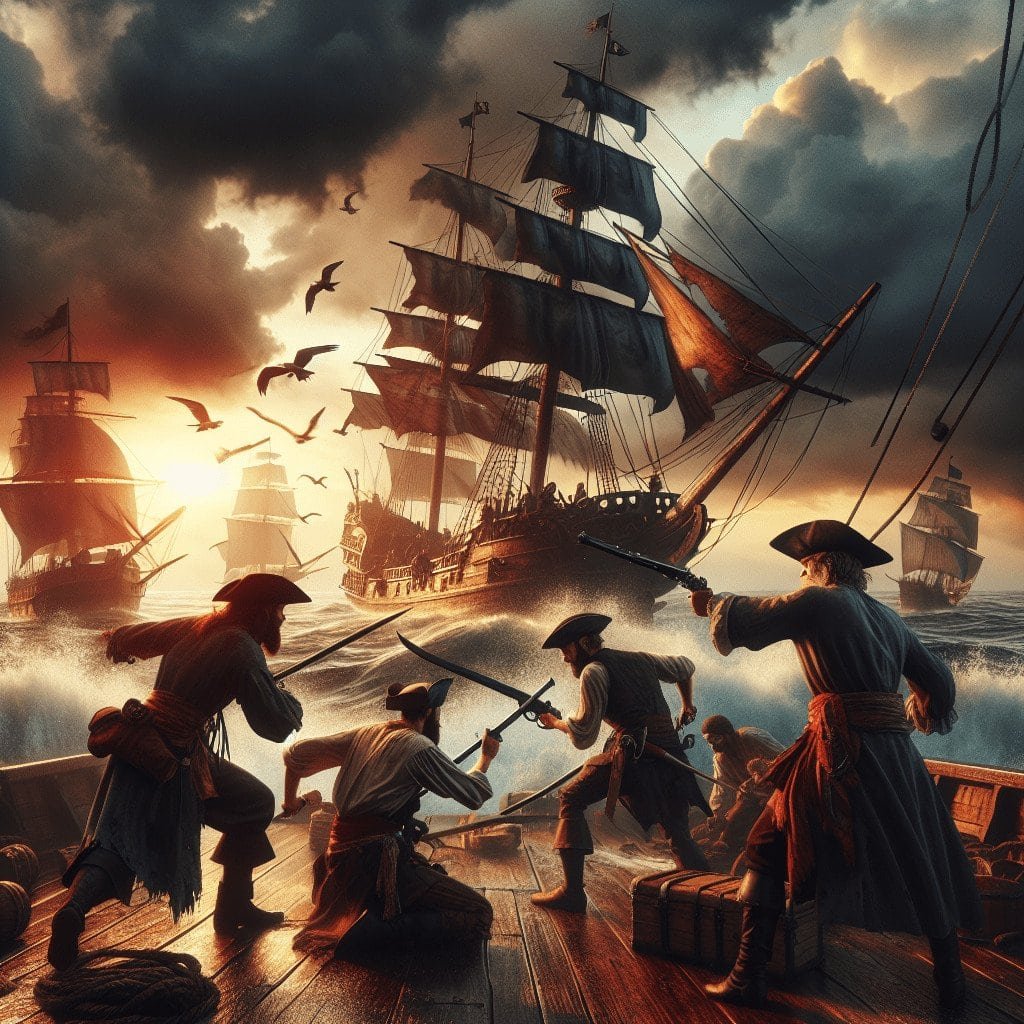 Pirates attacking an enemy ship during sea battle at sunset with flying seabirds and dramatic cloudy sky.