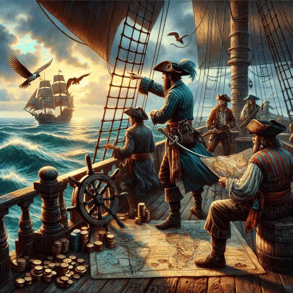 Pirates on a sailing ship pointing towards an approaching vessel at sunset, with treasure coins and old maps on deck, evoking adventurous maritime history.