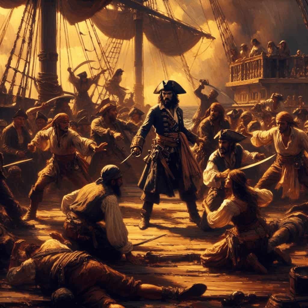 A painting of a ship's battle scene featuring pirates fighting on deck, with a commanding pirate in the center wielding a sword amidst chaos and flames, illustrating pirate adventure and maritime combat.