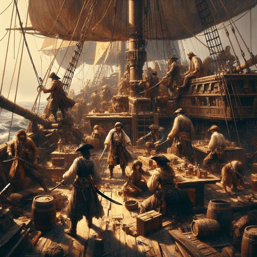 Pirates aboard ship preparing for voyage on historic sailing ship, detailed maritime scene, adventure, seafaring, classic tall ship, exploration, nautical journey, vintage ship history.