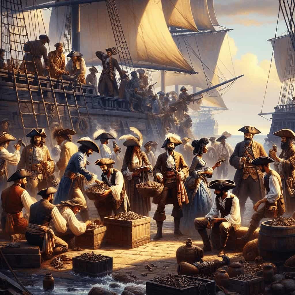 Richly detailed pirate trading port scene showing pirates exchanging goods with busy shipwork background, emphasizing historical maritime commerce and vibrant 18th-century pirate culture.