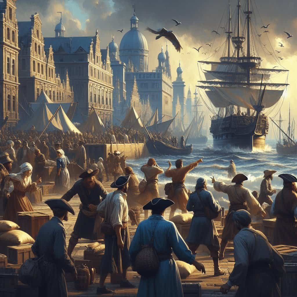 Ship docking at a bustling historic port with grand architecture and busy marketplace, illustrating 17th-century maritime trade and commerce, lively scene of merchants and sailors.