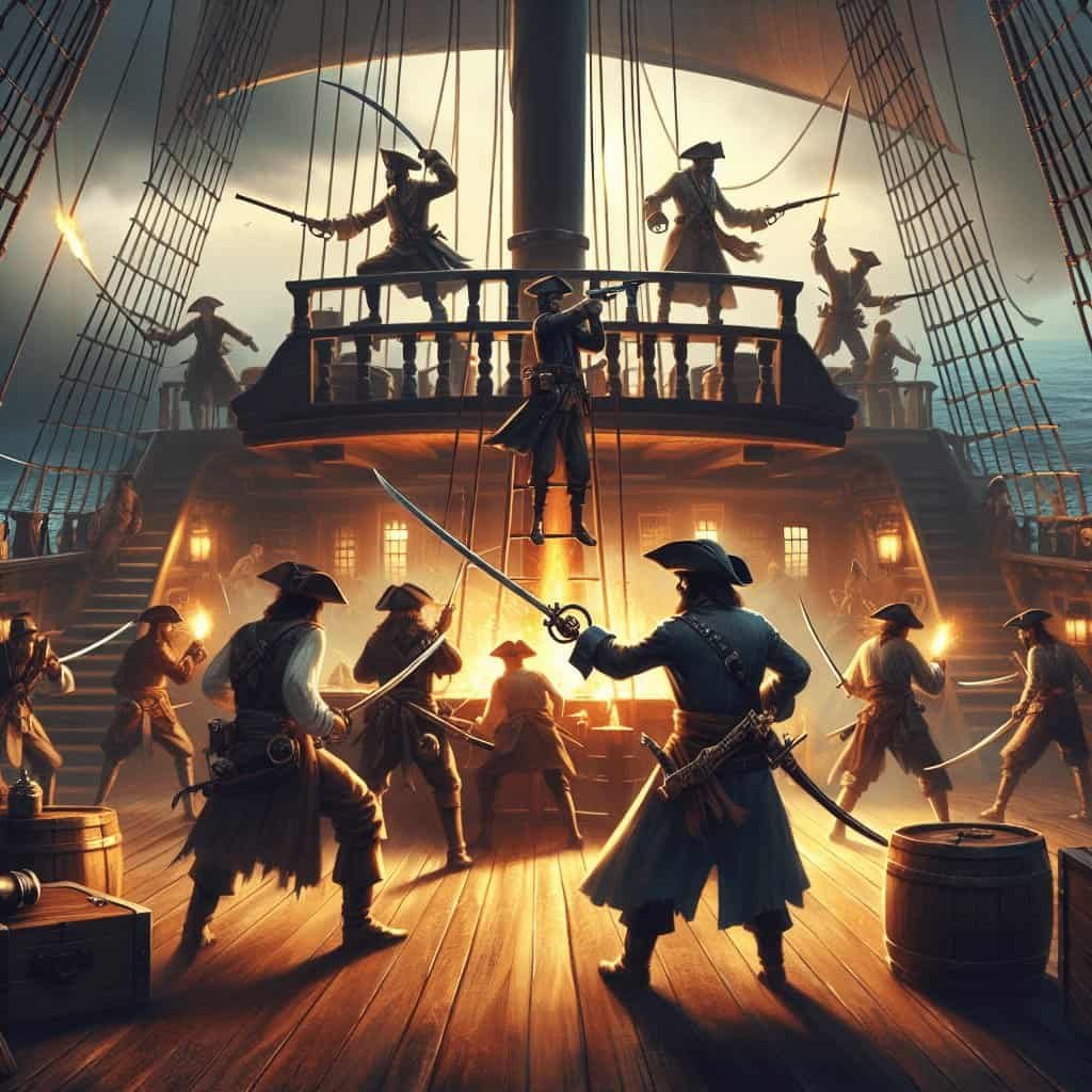 1. Pirates engaged in a fierce battle on the deck of a classic ship during sunset, wielding cutlasses and firing pistols in an intense naval combat scene.