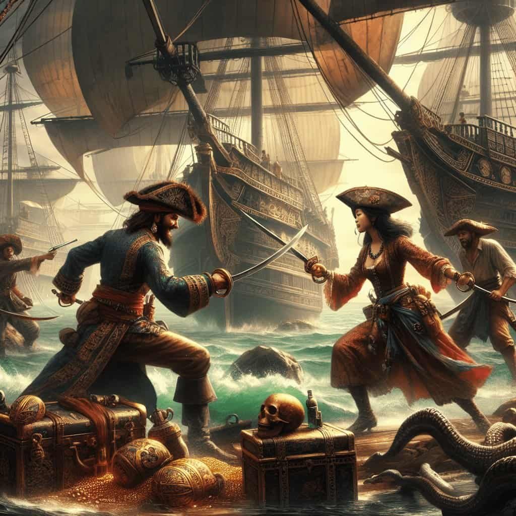 Golden age of pirates, battle at sea, ship combat, treasure chest, piracy adventure, historic pirates with swords, maritime warfare, 17th century ship battle, nautical conflict scene, high-seas piracy, buccaneer fight, vintage pirate treasure, naval confrontation, fantasy pirate artwork, epic pirate confrontation, treasure hunting scene.
