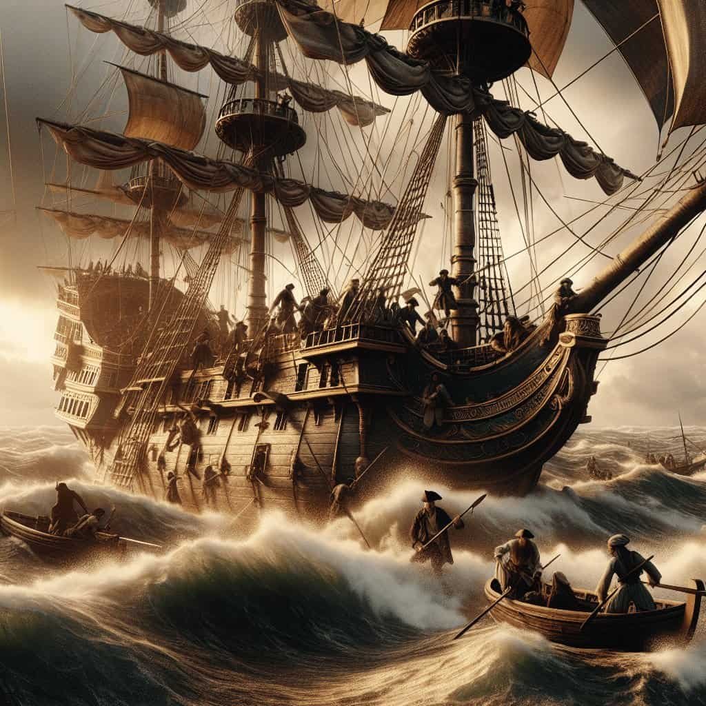 Viking-inspired pirate ship battling turbulent seas with pirates in rowboats, dramatic sky, historic maritime adventure theme.