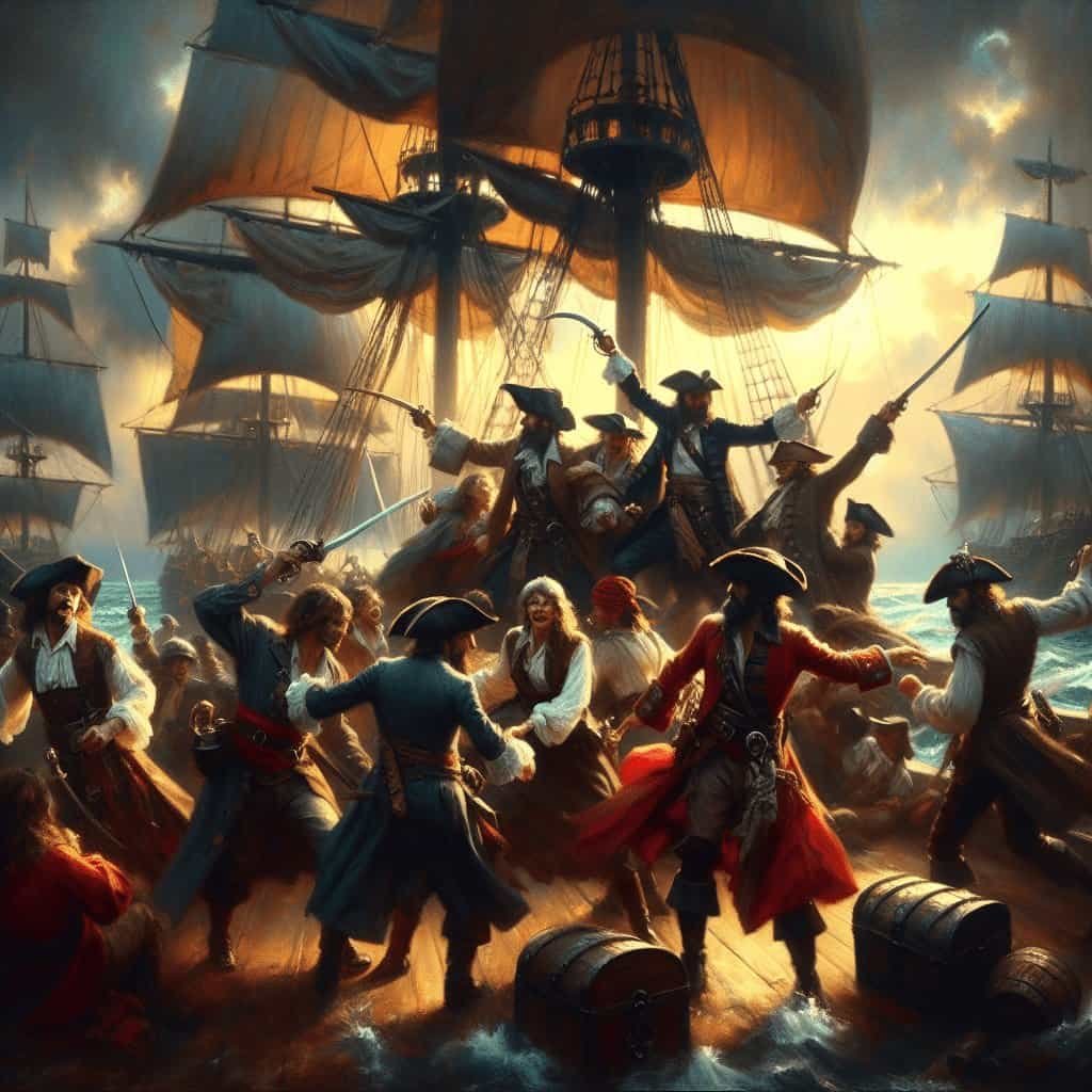 Pirates battle on ship deck during fierce sea battle with sails and cannons in a historical naval combat scene.