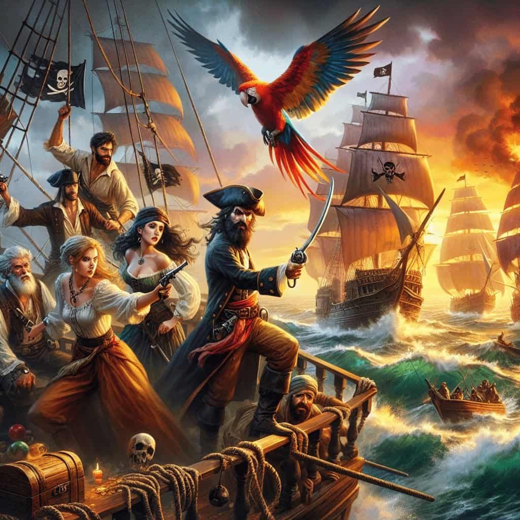 Pirate crew battling at sea with flying parrot, pirate ships, and dramatic sunset, capturing adventurous pirate fantasy, ship battle, and treasure hunt themes for Buccaneer Blog SEO.