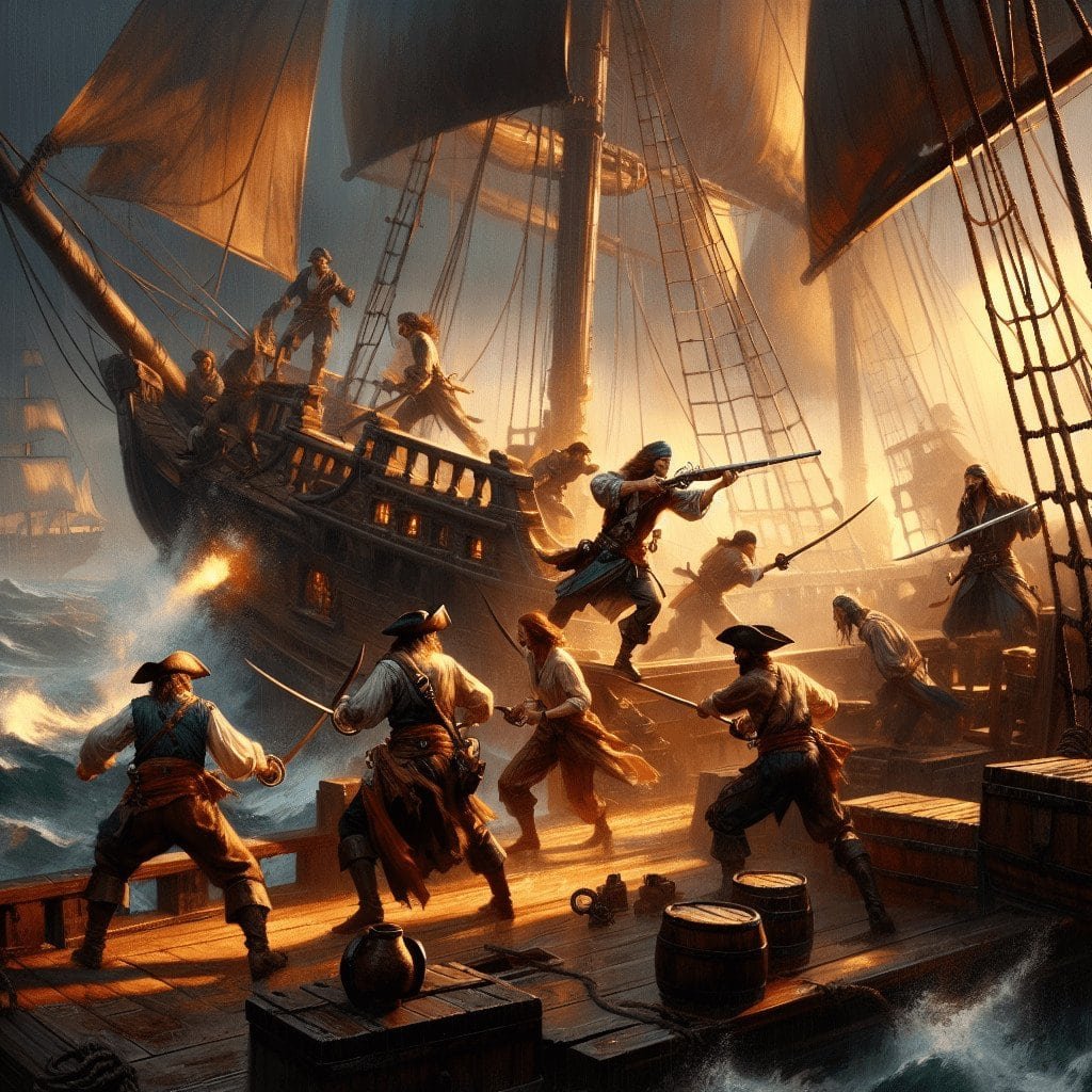 Pirates attacking a ship during a sea battle, with sailors fighting on the deck amidst turbulent waters and sunset lighting; historical maritime warfare scene.