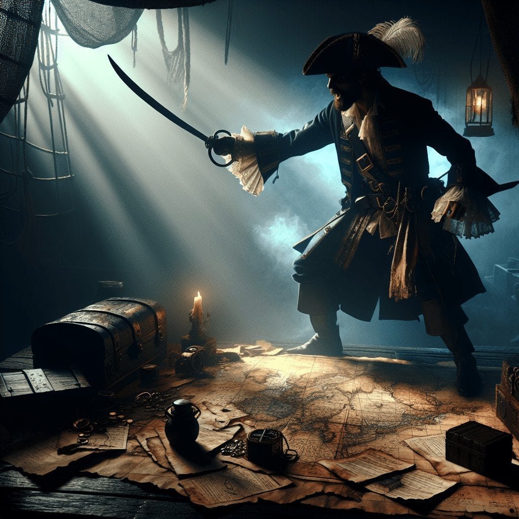 Intriguing pirate captain in historic costume wielding a cutlass on a ship's old wooden deck with treasure, maps, and candlelight, capturing the adventurous spirit of pirate lore and exploration.