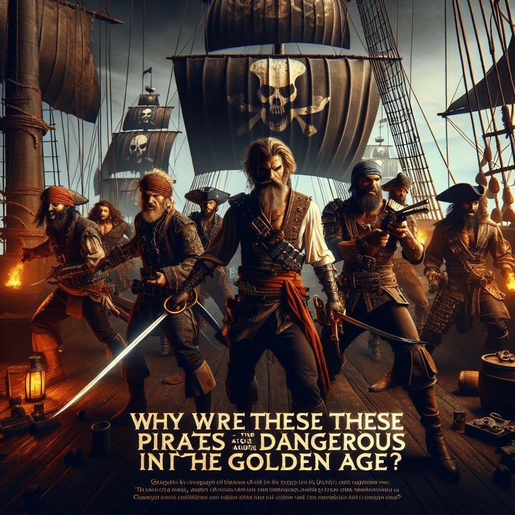 Bold and fierce pirates on the ship deck with black sails featuring a skull and crossbones, ready for battle during sunset. Classic pirate scene with pirates in action, creating an adventurous and dangerous atmosphere.