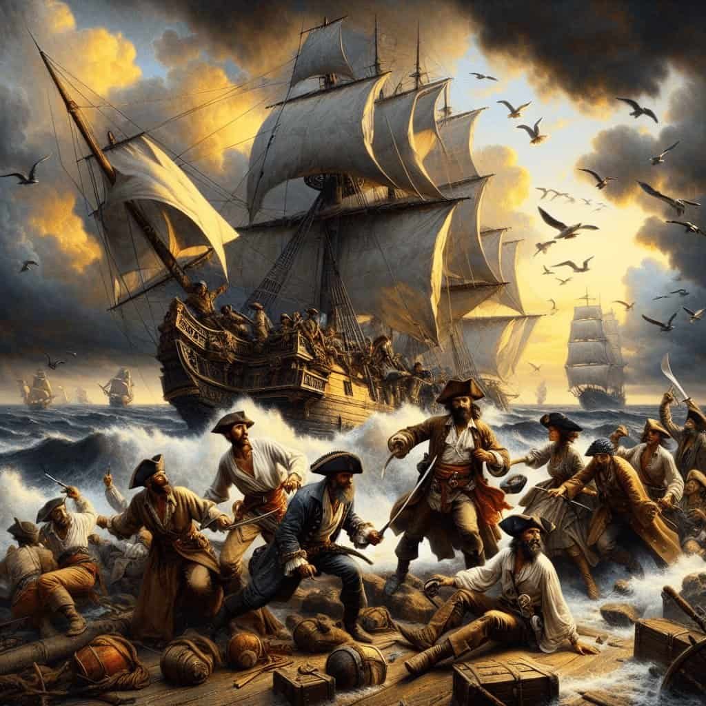 A fierce naval battle at sea with historic ships, pirates, and sailors fighting amidst turbulent waters and dramatic skies, capturing the adventurous spirit of Buccaneer Blog.