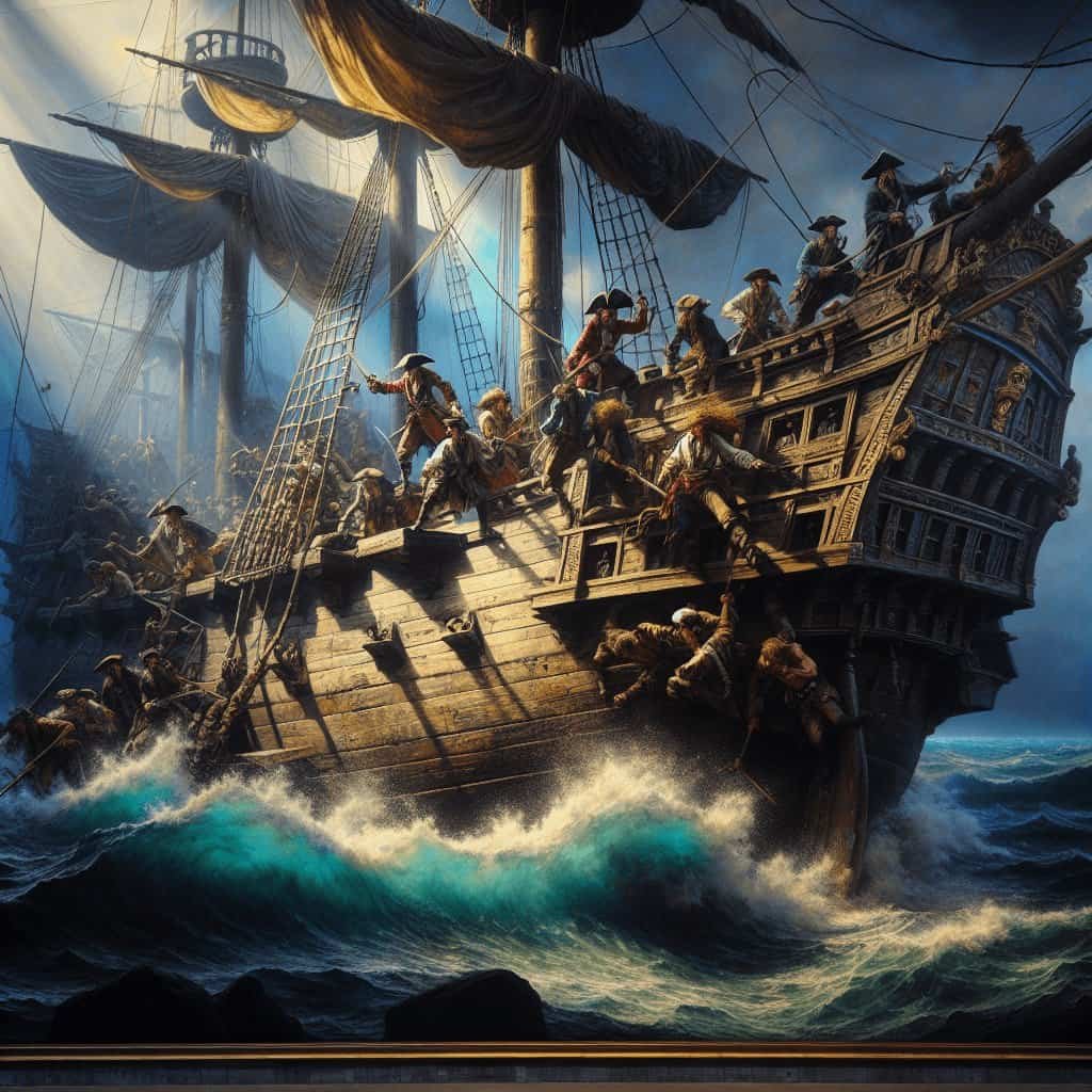 A fierce pirate ship battle at sea with pirates fighting on the wooden ship, turbulent waves, and a dark stormy sky, capturing the adventurous spirit of piracy.