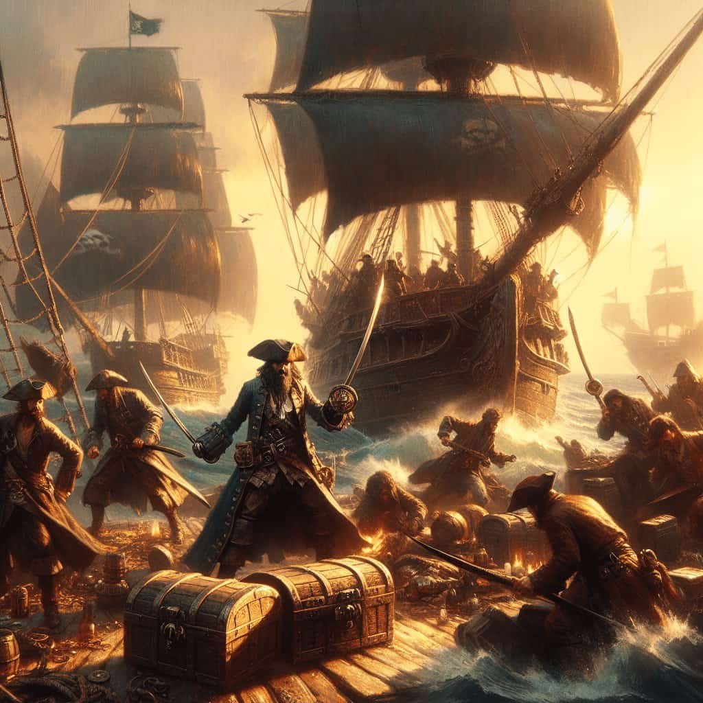 Looting and piracy on high seas during golden sunset with ships and pirates, vintage ship battle scene, historical maritime warfare, adventure and treasure hunting, cinematic maritime combat, Buccaneer Blog.