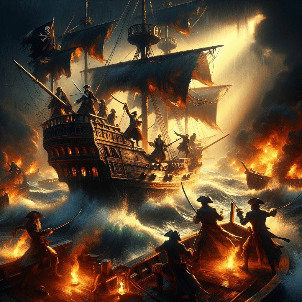 Pirate ship engaged in a fierce sea battle with flames, stormy waves, and attacking small boats, capturing the adventurous and dangerous spirit of 17th-century piracy.