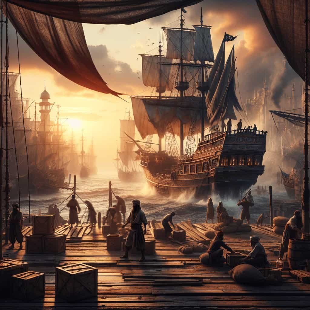 Vivid pirate ship dock scene with multiple sailing vessels at sunset, bustling harbor with dockworkers, crates, and barrels, capturing adventurous maritime life and historical seafaring atmosphere.