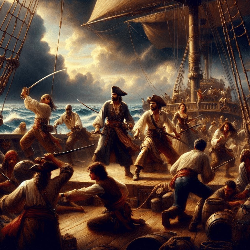 Rival pirates battling on a ship deck during a fierce sea storm, capturing the adventurous spirit of pirates with swords drawn, with a dramatic sky and turbulent ocean in the background.