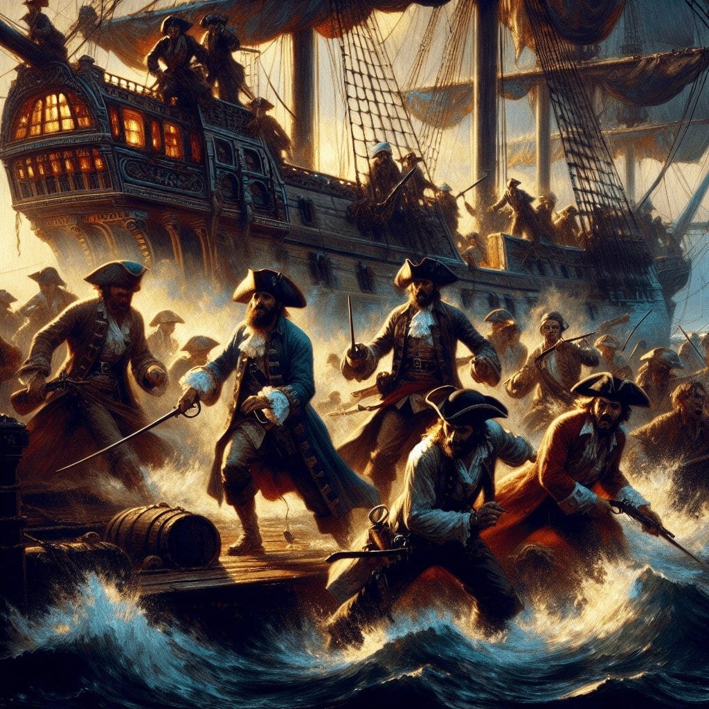 Pirates attacking a ship during a battle at sea, 18th century, detailed historical naval warfare scene, dramatic lighting, realistic maritime illustration, adventure, piracy, complex ship details, intense action atmosphere.