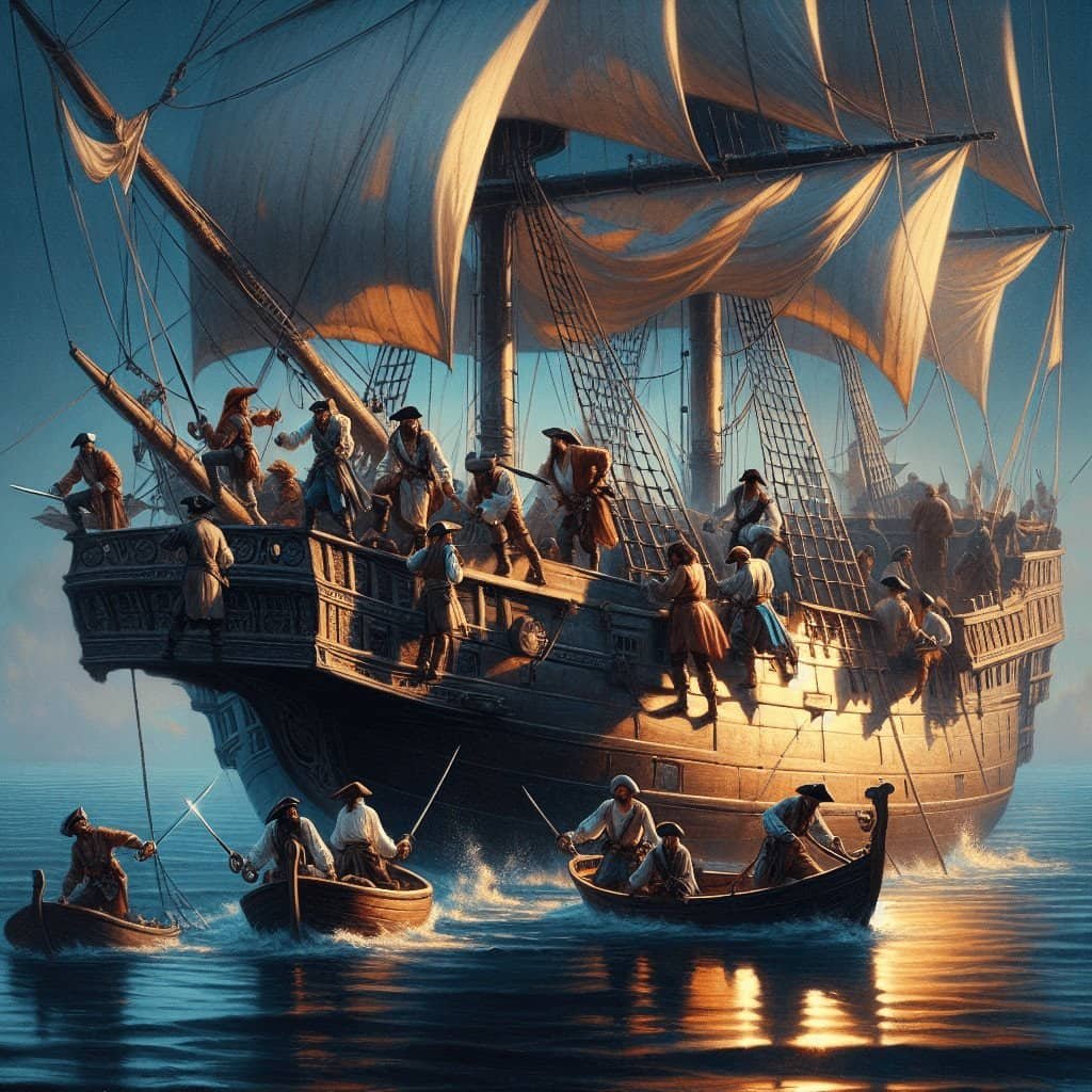 A majestic 17th-century pirate ship sailing during sunset with crew members boarding and preparing for adventure on the high seas. Perfect for maritime history and pirate adventure enthusiasts.