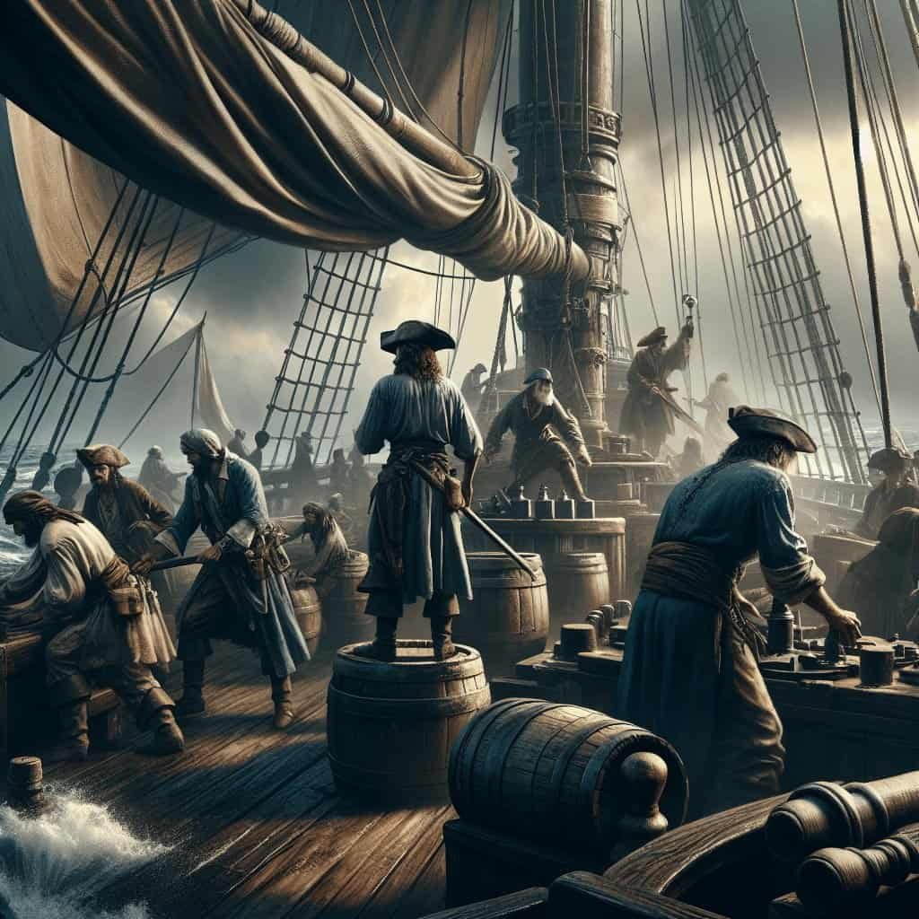 A pirate ship crew sailing on the high seas during a storm, with pirates actively handling sails and rigging, creating a dramatic maritime adventure scene.