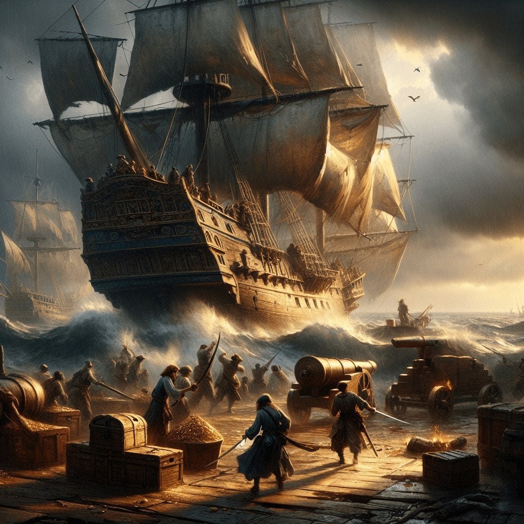 A large sailing ship battles stormy seas with crew members fighting on the dock, surrounded by cannons and chests, creating a dramatic scene of piracy and adventure.