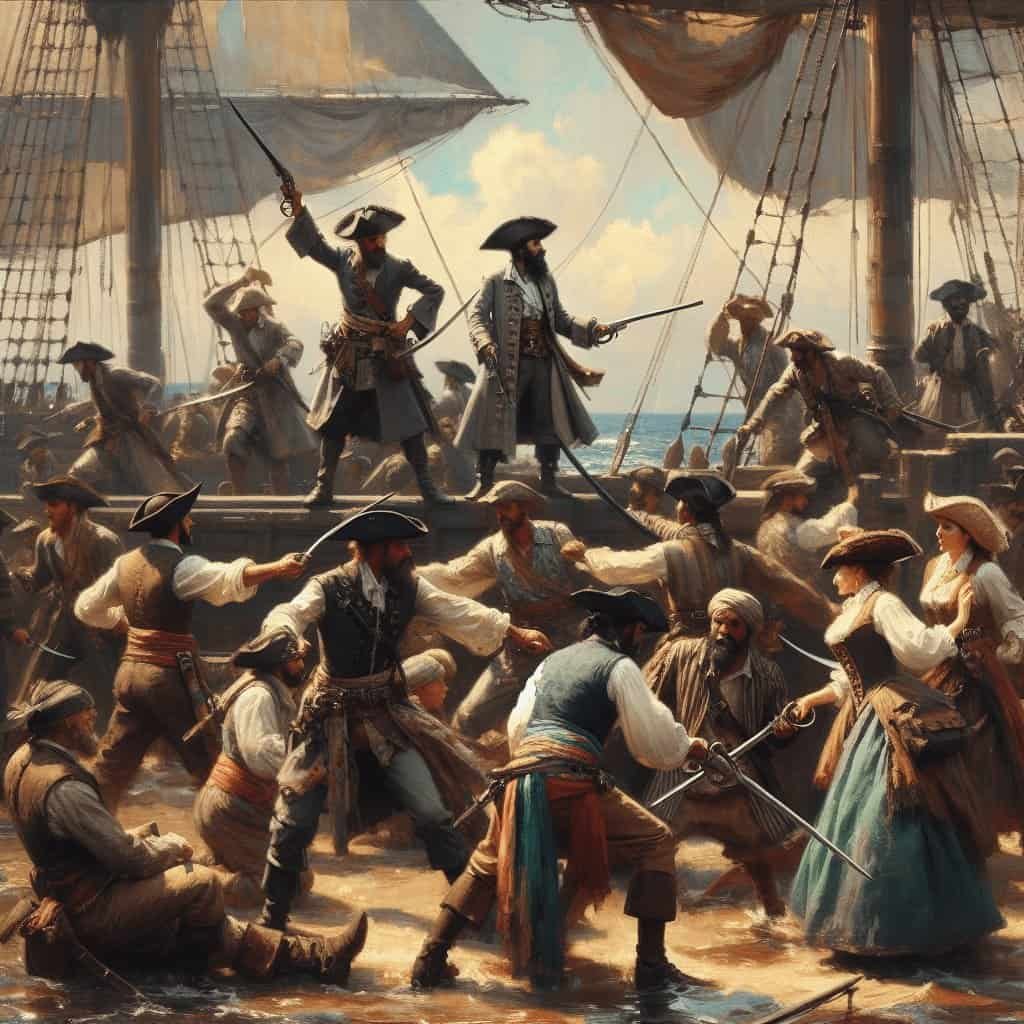 Pirates engaging in a fierce battle on the deck of a historic ship during a maritime conflict. The scene captures the chaos and intensity of piracy in the golden age of sail.