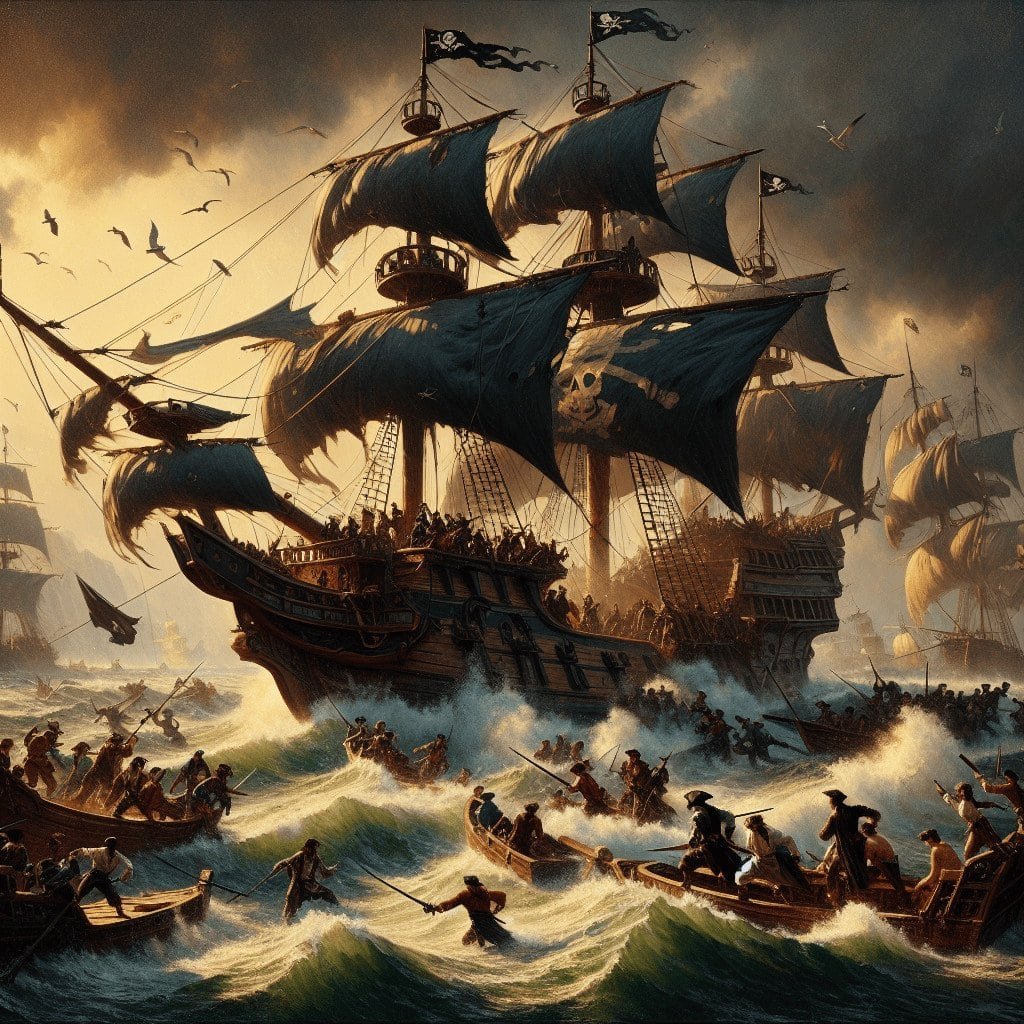 Pirate ship battle scene with large sailing vessels, pirates attacking, and turbulent ocean waves during a stormy sunset, with seagulls flying overhead.