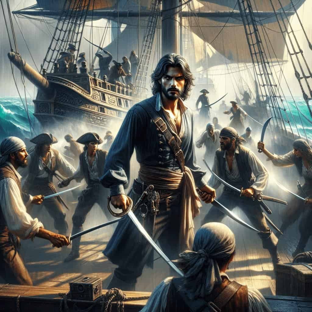 Fearless pirate leader with sword leading a daring attack on a ship full of pirates and sailors fighting on the deck in a dramatic maritime battle scene.