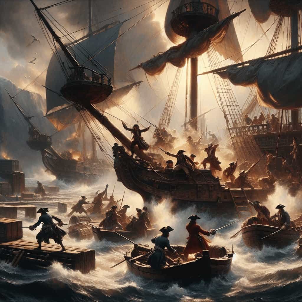 Pirates engaging in naval battle on stormy sea with ships and cannons in a dramatic historical maritime scene.