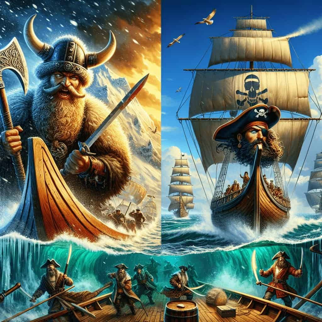Viking warrior with a horned helmet on a ship, fierce battle scene with sailing ships and pirates, stormy ocean waves, and legendary pirate ships with skull and crossbones flags.