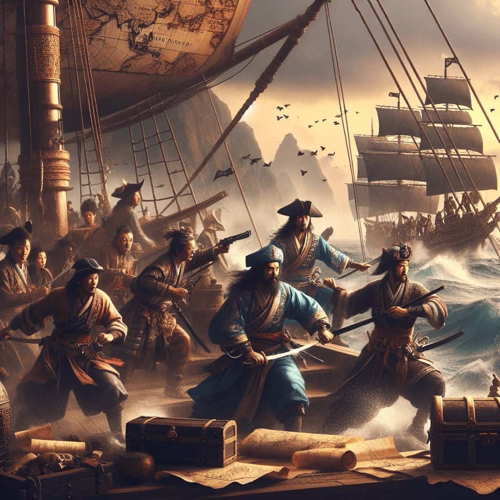 Vibrant depiction of a historical naval battle scene featuring pirates and ships with billowing sails, emphasizing vintage maritime adventure, exploration, and treasure hunting themes for SEO relevance.