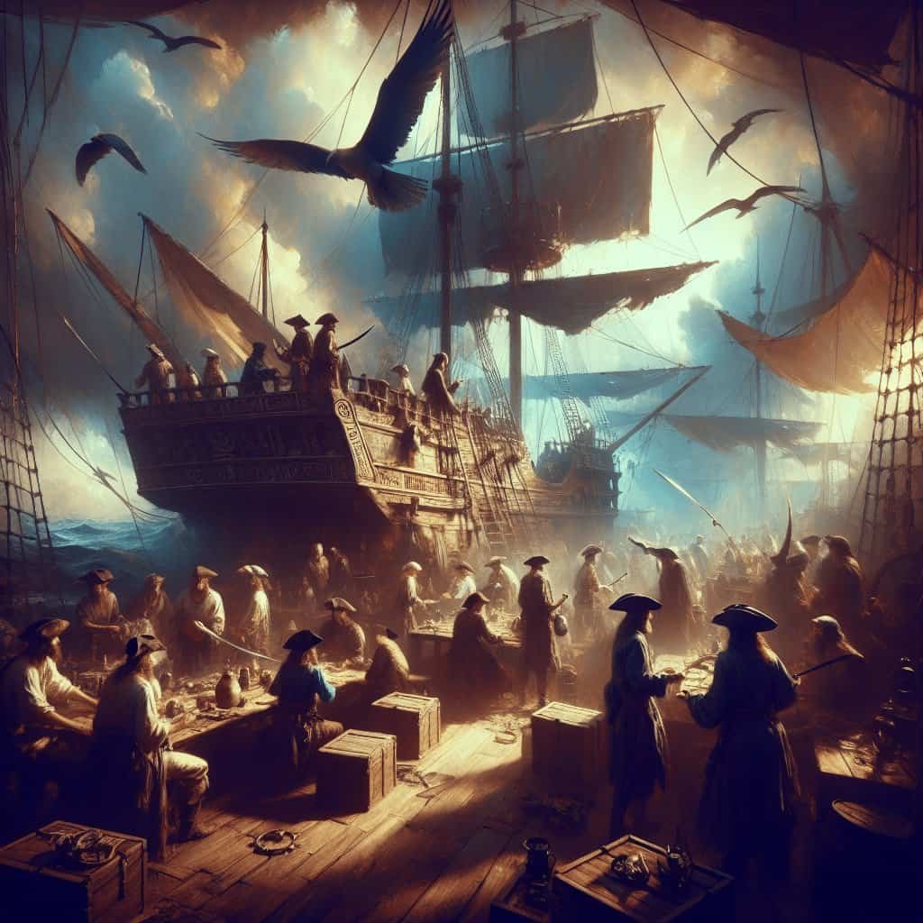 A detailed painting of 18th-century pirates working on ships and trading goods in a bustling harbor at sunset, capturing the adventurous spirit of piracy and maritime exploration.