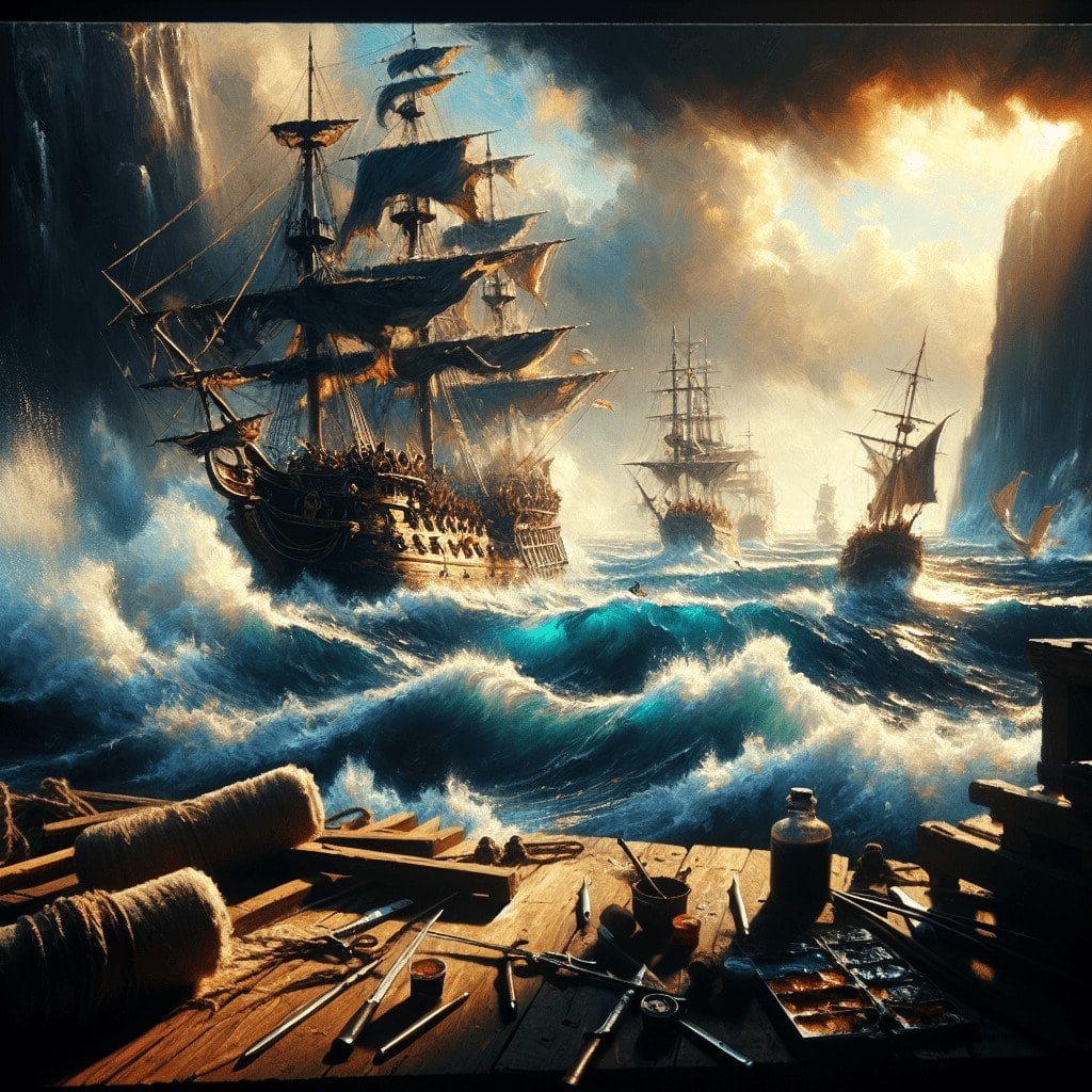 Large historical pirate ships battling fierce stormy seas during a naval battle, with dramatic clouds and turbulent waves, inspired by classic maritime art.