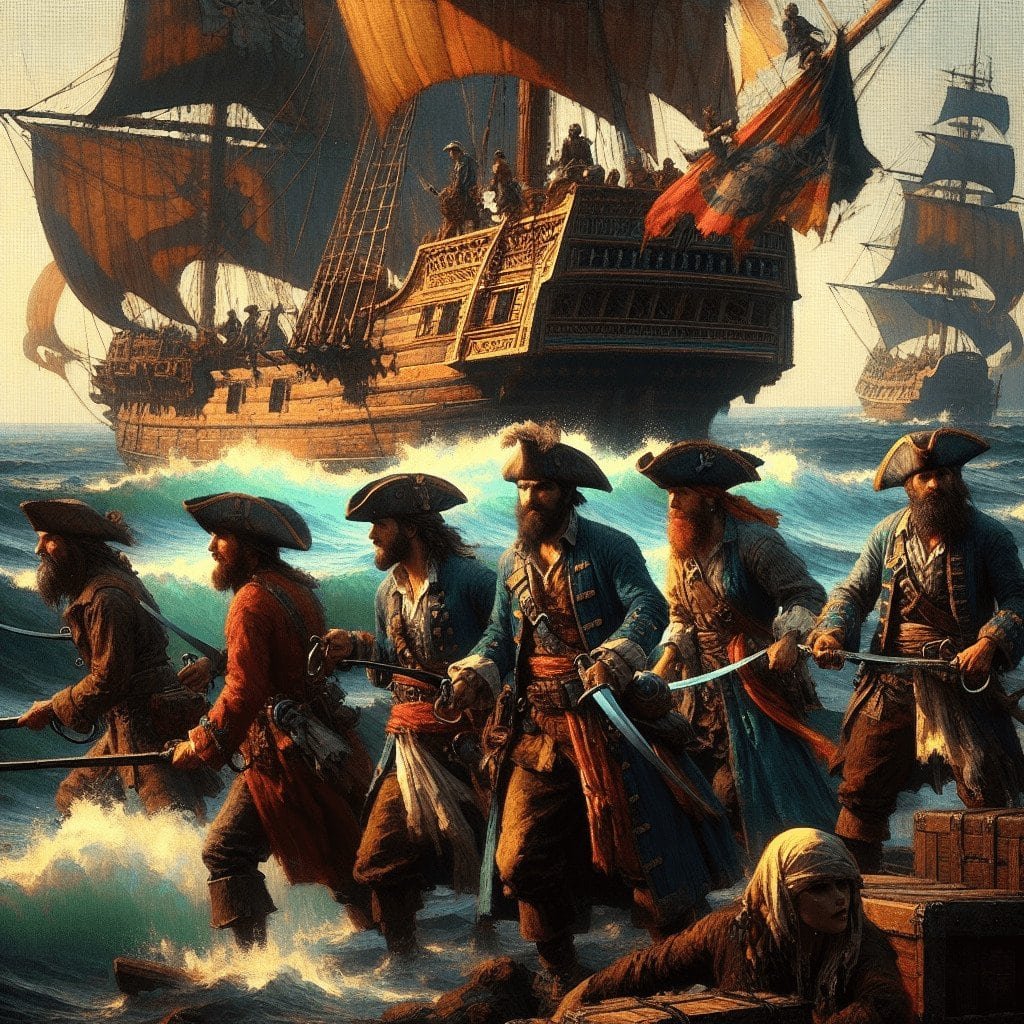 Pirates of the Caribbean ship with crew battling on the ocean, historical sailing adventure scene, wooden pirate ships, sea voyage, high seas, maritime battle, swashbuckling pirates, adventure at sea, vintage ship crew.