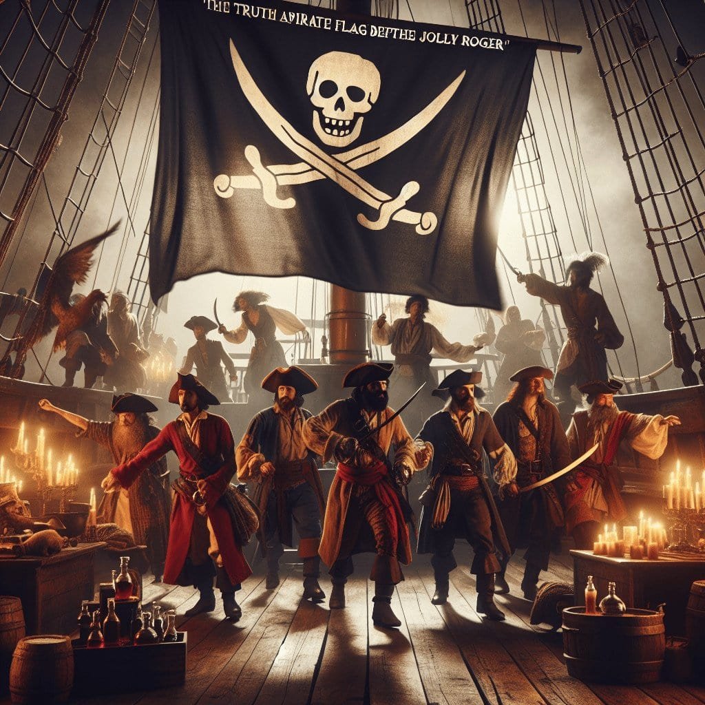 Pirates aboard a ship with a Jolly Roger flag, engaging in a lively dance on the ship's deck, surrounded by candles and treasure chests, capturing the adventurous spirit of Buccaneer Blog.