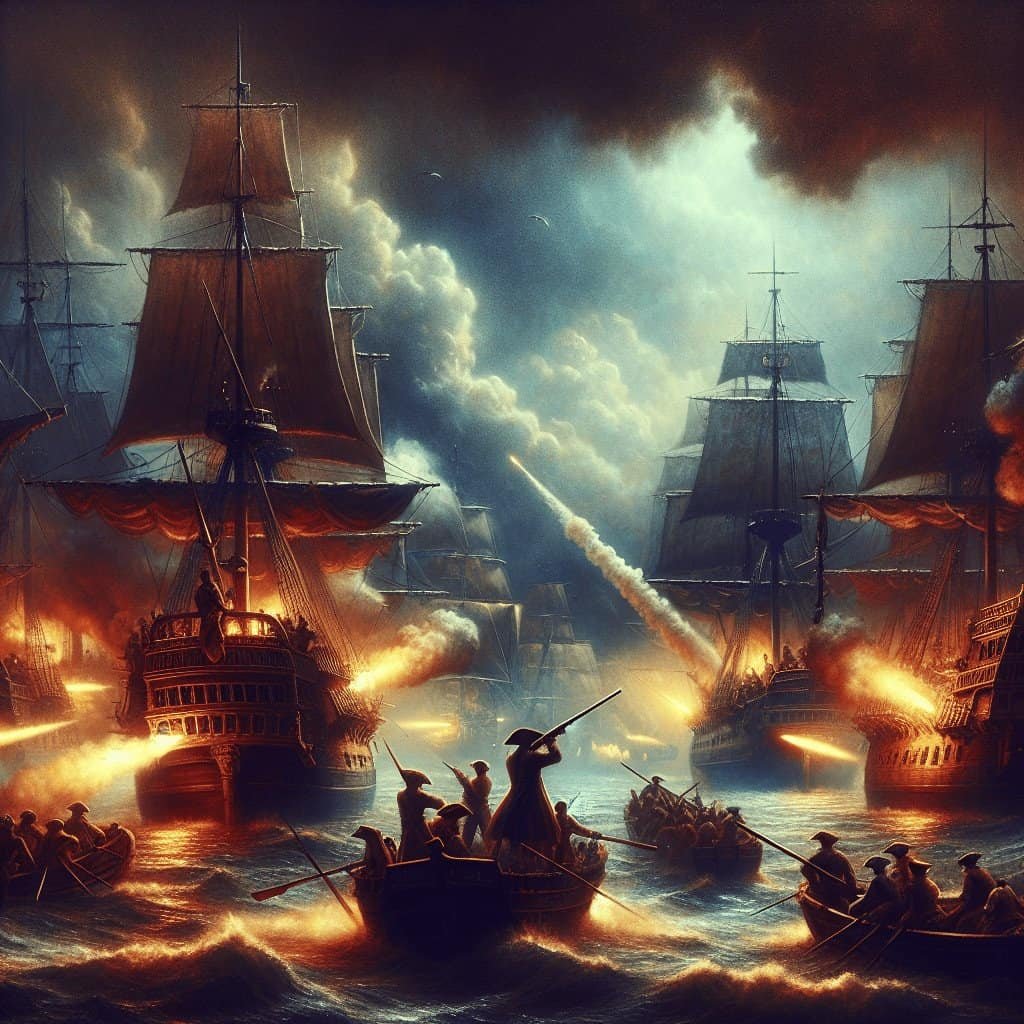 Galleons engaged in an intense naval battle at sea with smoke, fire, and cannon fire, depicting a historical maritime conflict scene.