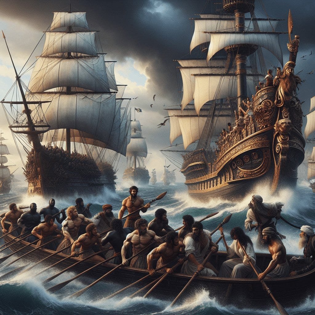 Bold, detailed illustration of a naval battle featuring ships with billowing sails and fierce warriors in a rolling sea, capturing the adventurous spirit of Buccaneer Blog's maritime history content.